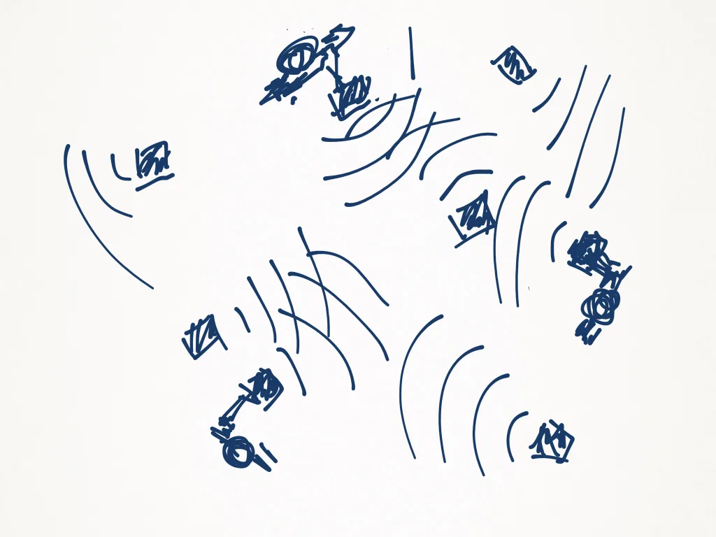 Interweaving concept illustration — carriers moving through a space of drifting sound sources