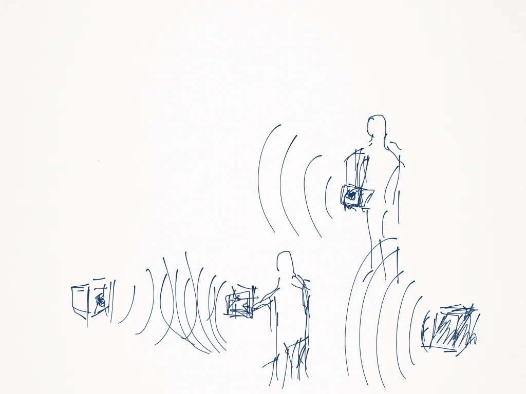 Interweaving concept illustration — speaker enclosures shaped like deep-space probes
